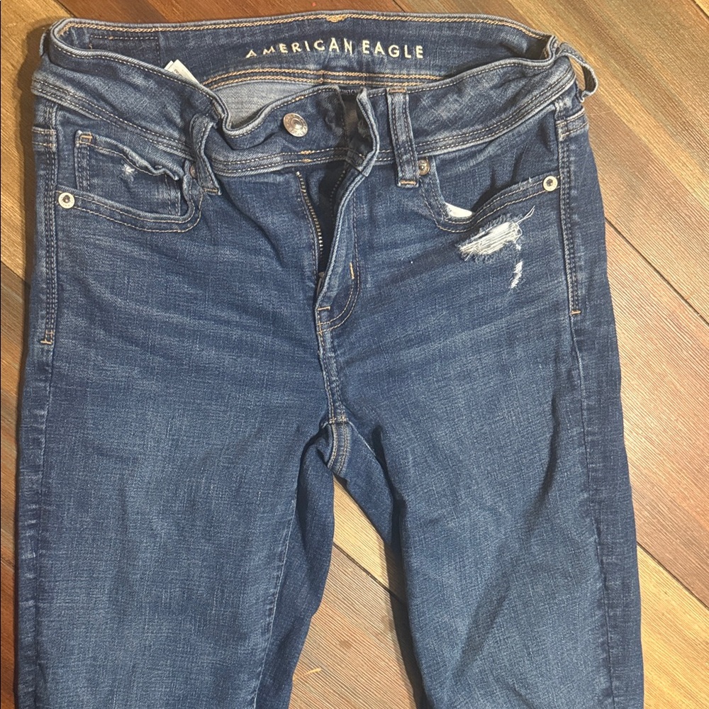 American Eagle‎ Womens Distressed Dark Blue Boot Cut Jeans Size 0 Regular